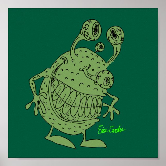 Poster monstro alienígena verde de 4 olhos todo verde (Frente)