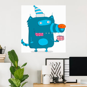 Poster Monstro de Cartoons Azuis com Chapéu do Partido
