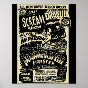 Poster Monstro de Filme de Terror Múmia Drácula Lobisomem