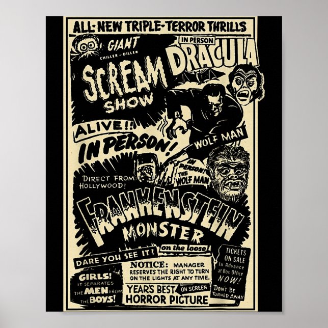 Poster Monstro de Filme de Terror Múmia Drácula Lobisomem (Frente)