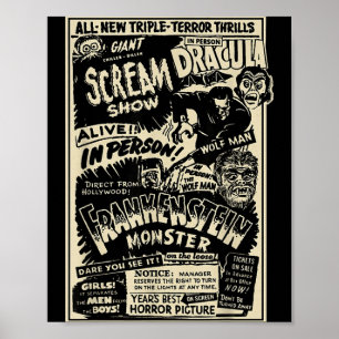 Poster Monstro de Filme de Terror Múmia Drácula Lobisomem