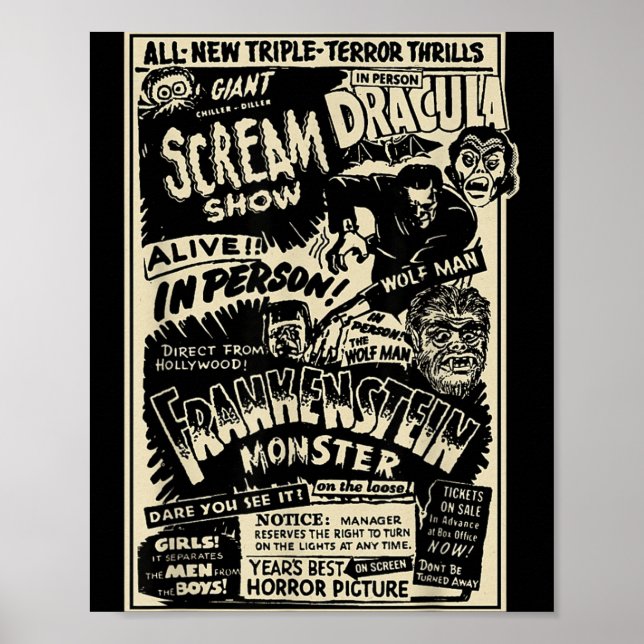 Poster Monstro de Filme de Terror Múmia Drácula Lobisomem (Frente)