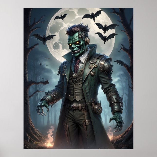 Poster Monstro de Halloween Steampunk Frankenstein (Frente)