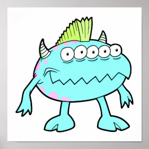 Poster monstro de mohawk azul punk muitos olhos