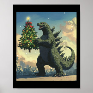 Poster Monstro Japonês Kaiju Carregando Árvore de Natal