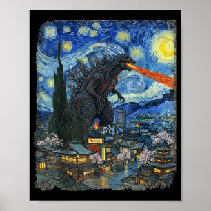Poster Monstro Kaiju Japonês Vangogh noiteestrelada Vinta