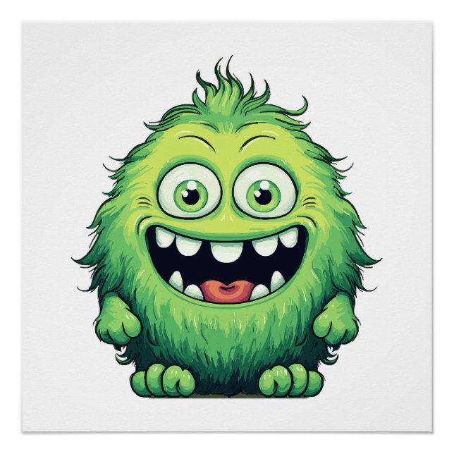 Pôster Monstro Verde Fofo Sorridente Desenho Animado (Frente)