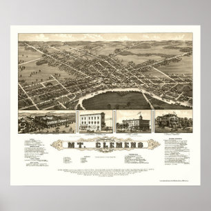 Pôster Montagem Clemens, mapa panorâmico do MI - 1882
