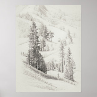 Poster Montanha alpina e árvores esboço, vindimagem,