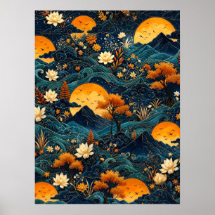 Poster Montanha da Lua Dourada Flor de Lótus do Céu Notur
