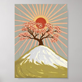 Poster Montanha do Nascer do Sol com Árvore de Cerejeira 