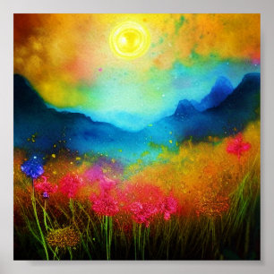 Poster Montanha em aquarela e flores silvestres