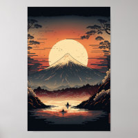 Montanha japonesa, lago e pescadores Ukiyo e