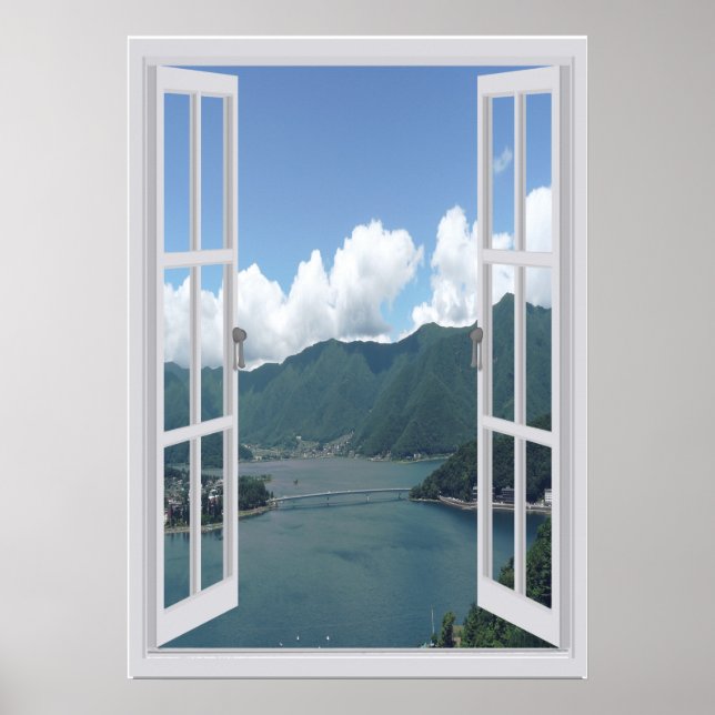 Pôster Montanha Lago Trompe l'oeil Faux Window (Frente)