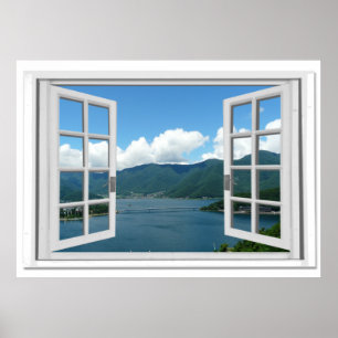 Pôster Montanha Lake View Trompe l'oeil Falso Window
