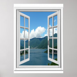 Pôster Montanha Lake View Trompe l'oeil Falso Window