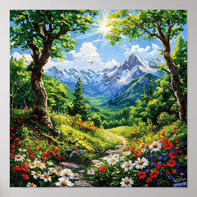 Poster Montanha na floresta com flores e árvores (Frente)
