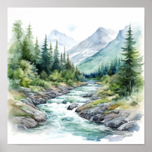 Poster Montanha River Alaska Watercolor Painting