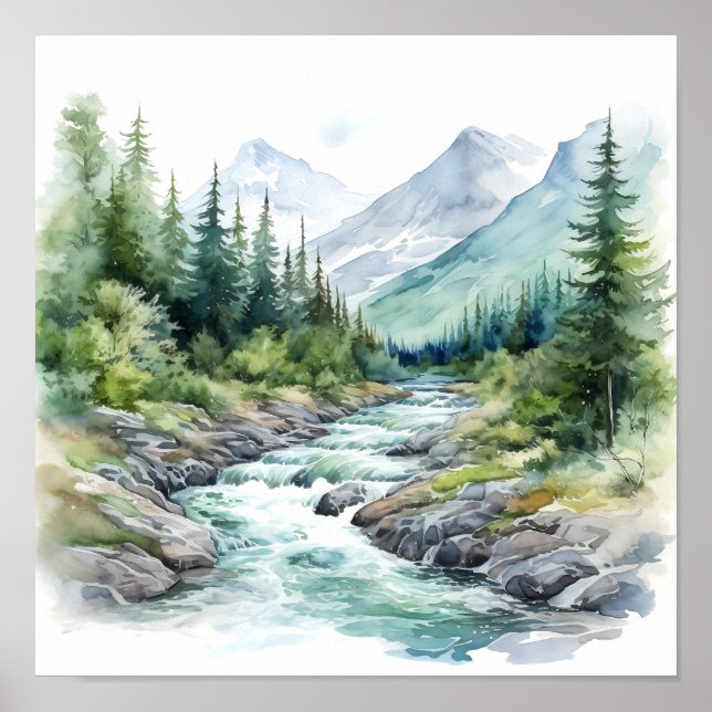 Poster Montanha River Alaska Watercolor Painting (Frente)