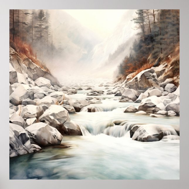 Poster Montanha River Alaska Watercolor Painting (Frente)