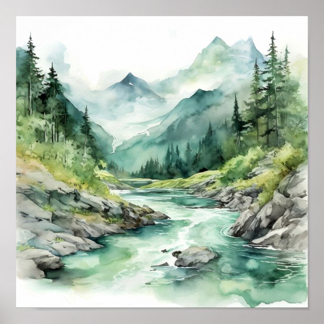 Poster Montanha River Alaska Watercolor Painting (Frente)