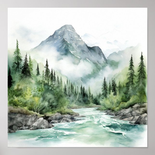 Poster Montanha River Alaska Watercolor Painting (Frente)