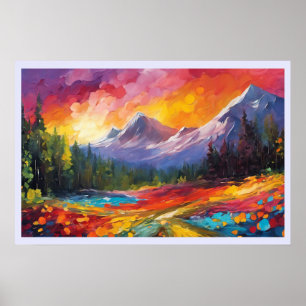 Poster Montanha Sunrise Colorida Arte Impressionista