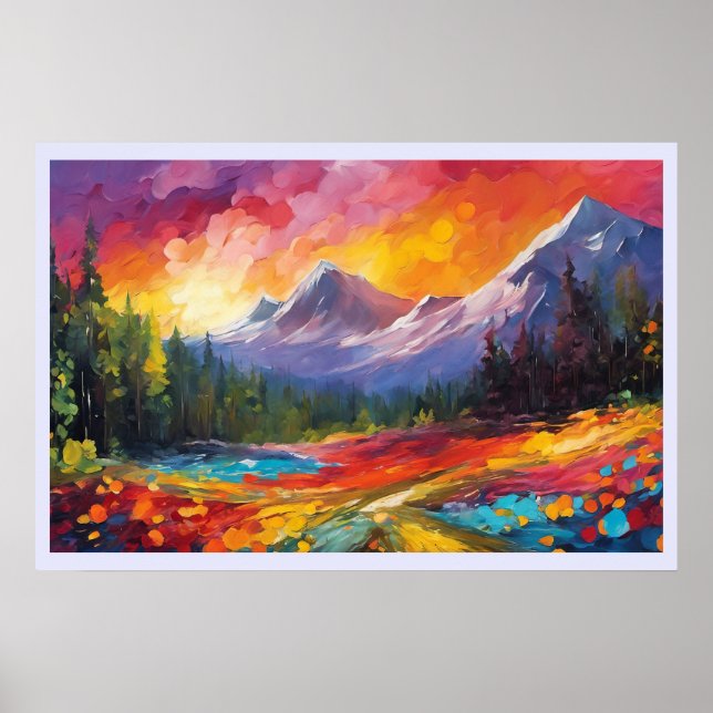 Poster Montanha Sunrise Colorida Arte Impressionista (Frente)