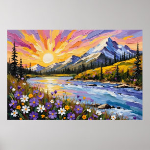 Poster Montanha Vibrante - Pintura do Óleo do Sol