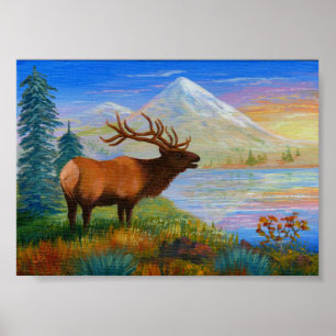 Pôster Montanha Wapiti Elk Art Forest Creationarts