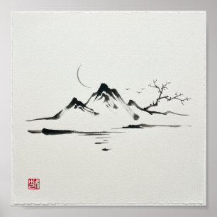 Poster "Montanhas ao Luar: Paisagem Sumi-e"