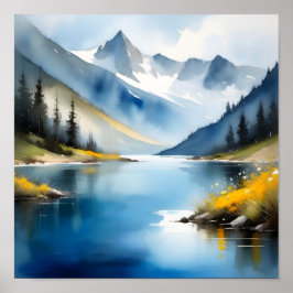 Poster Montanhas com capa de neve e um lago