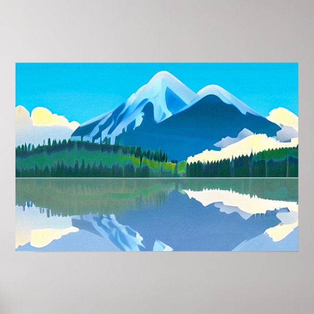 Poster Montanhas com capa de neve refletidas em um lago (Frente)