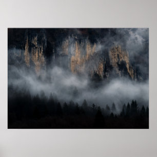 Poster Montanhas com neblina através da floresta