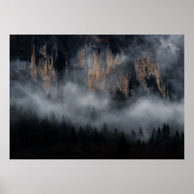 Poster Montanhas com neblina através da floresta (Frente)