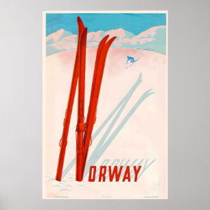 Poster Montanhas da Noruega Esqui Esporte de Inverno Esqu