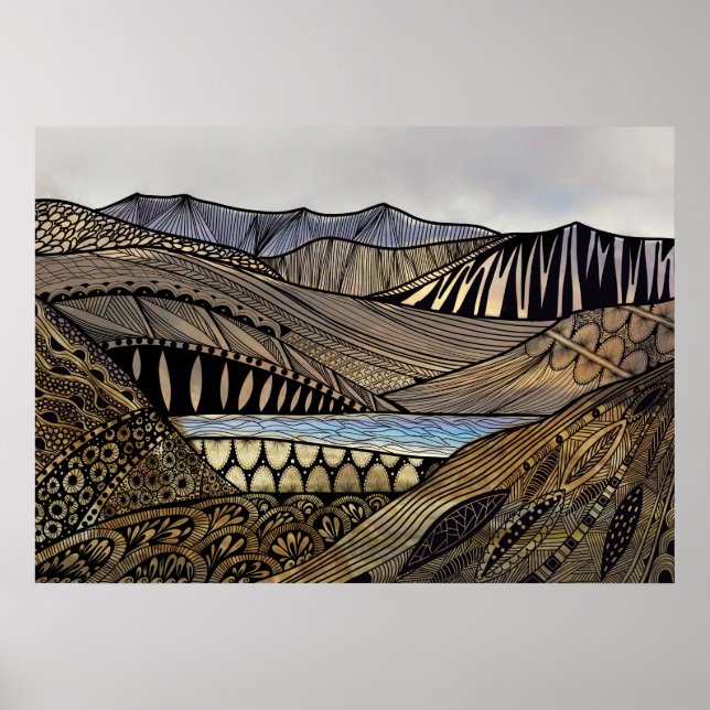 Poster Montanhas de paisagens do nascer do sol abstrato e (Frente)