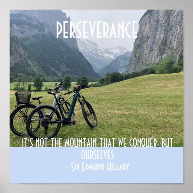 Poster Montanhas de Perseverança e Motivação de Ciclismo (Frente)