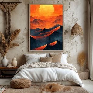Poster Montanhas de Pôr do Sol Ardente em Laranja Monocro