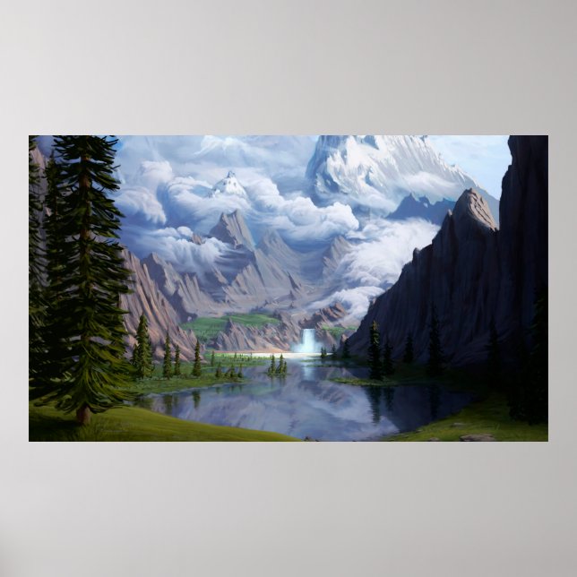 Poster Montanhas do lago cascata digital arte 3D ilustrad (Frente)