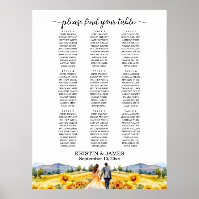 Poster Montanhas e Girassóis 9 Mesas Assentos Casamento (Frente)