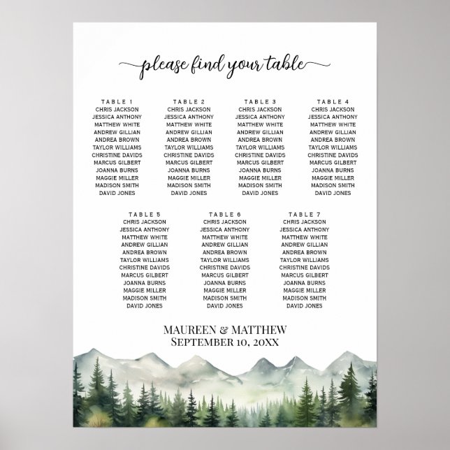 Poster Montanhas e pinos 7 Mesas Casamento (Frente)