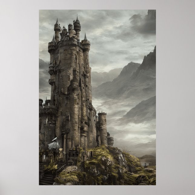 Poster Montanhas modernas do castelo escocês em um penhas (Frente)