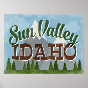 Poster Montanhas nevado retros do divertimento de Sun
