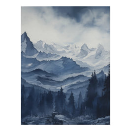 Pôster Montanhas robustas e pinos em aquarela Blues