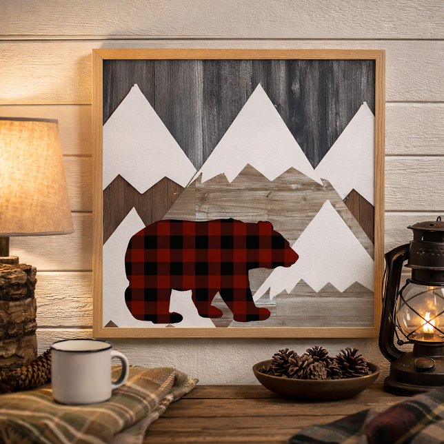 Pôster Montanhas Rústicas Xadrez Búfalo Urso da Floresta (Rustic buffalo plaid bear and mountains wall art)