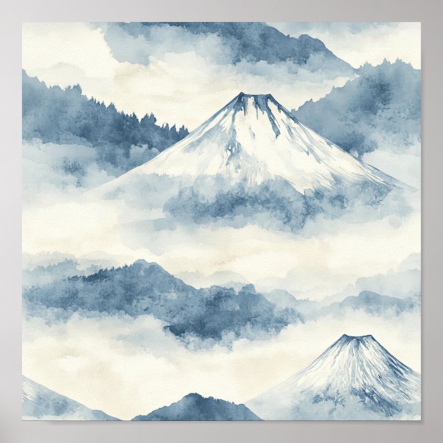Poster Montanhas Serenas Cobiertas de Neve - Azul e Branc (Frente)