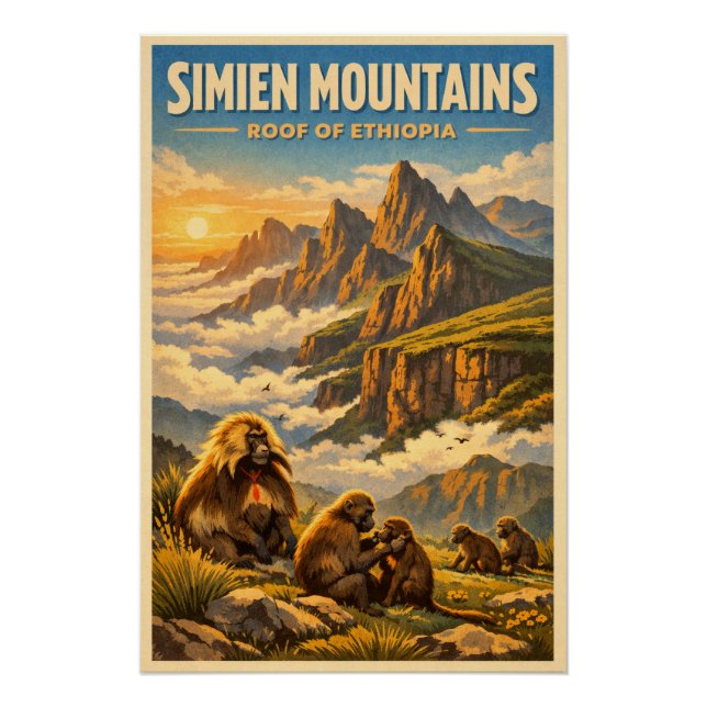 Pôster Montanhas Simien, Etiópia, em um clássico retrô (Frente)