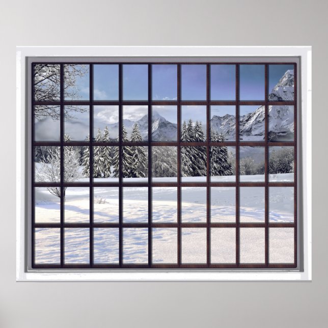 Poster Montanhas Snowy Faux Janela de Cena de Inverno (Frente)