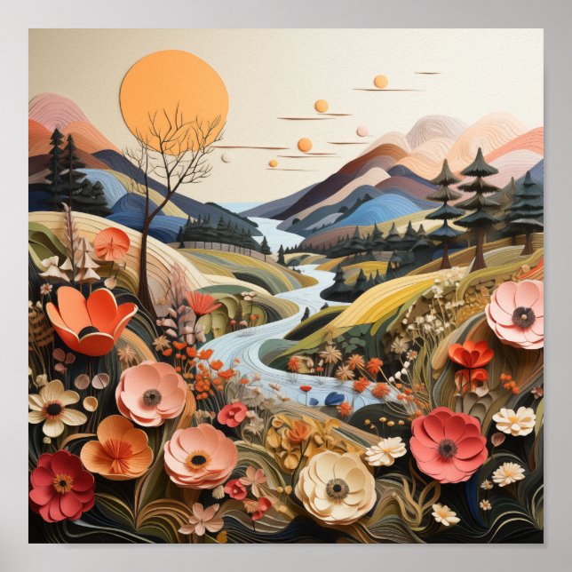 Poster Montanhas, Stream, Flores Selvagens Cênicas ao Ext (Frente)